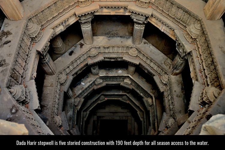 Dada Harir stepwell is five storied construction with 190 feet depth for all season access to the water.