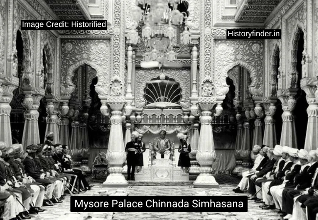 An old historical photo of Chinnada Simhanasana, the golden throne of Mysore Palace | Historyfinder.in