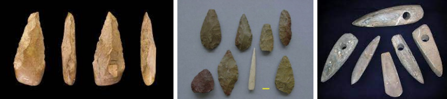 Stone tools of different stone ages: Paleolithic (left), Mesolithic (middle) & Neolithic (right) 
