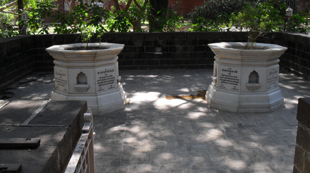 Samadhis of Mahadev Desai and Kasturba Gandhi at Aga Khan Palace at Pune