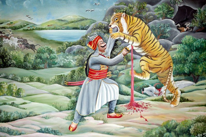 Maharana Pratap Singh while hunting a tiger 