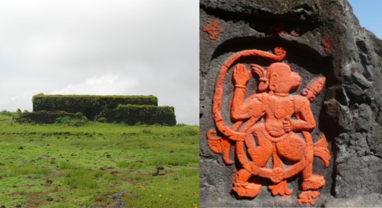 Ruin of Peshwa's Palace (Left) | Carving of Lord Hanuman (Right) | Visapur Fort history and ruined architecture | Historyfinder.in