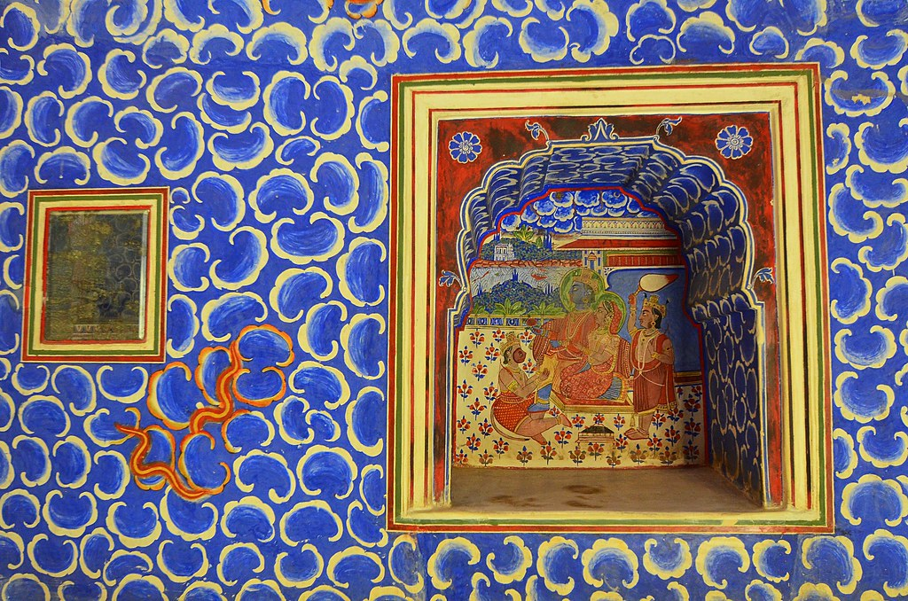 A fresco painting of Radha Krishna inside Badal Mahal | History of Junagarh Fort | Image from Flickr.com |
