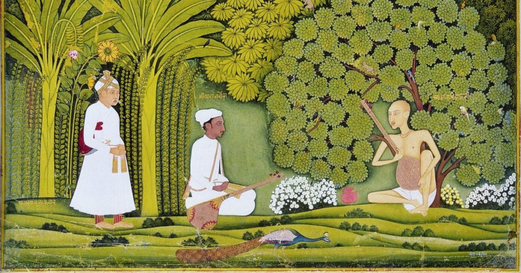 A Mughal miniature depicting Tansen learning from Haridas with Akbar watching | Tansen and Gwalior Gharana in the history of Indian Classical music | Historyfinder.in