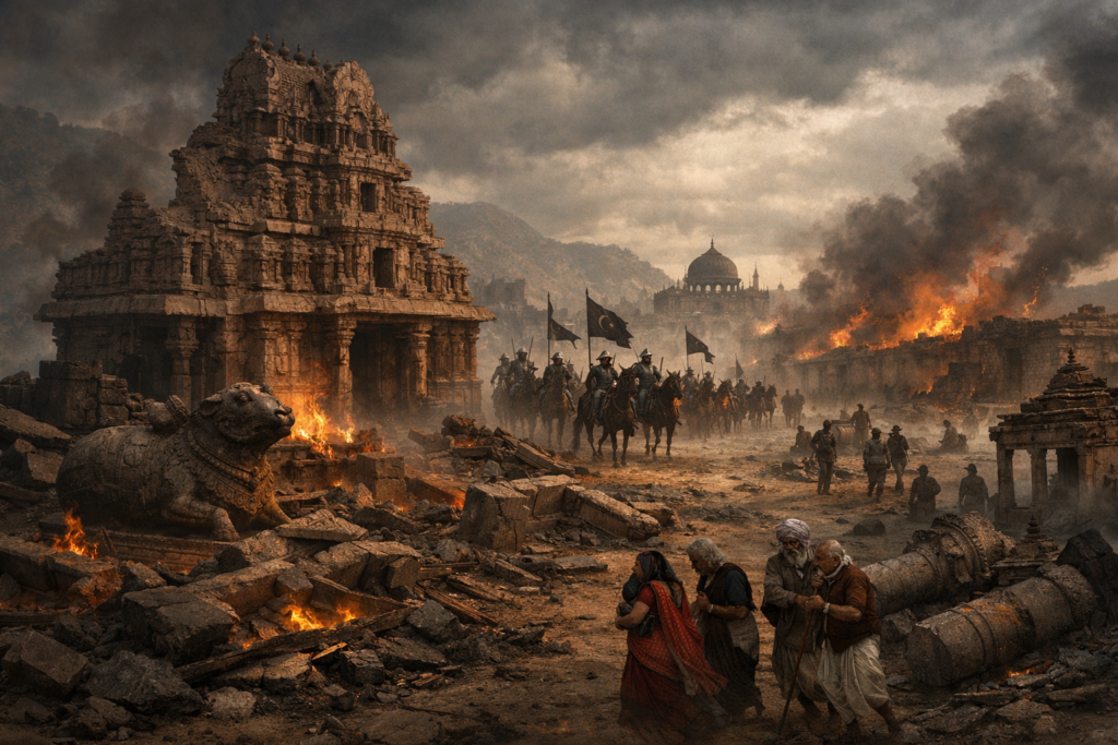 An illustration showing the destruction of South Indian kingdoms during 13th–14th century Delhi Sultanate invasions before the rise of the Vijayanagara Empire