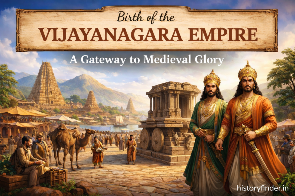 An illustration showing the birth of the Vijayanagara Empire in 1336, with Harihara I and Bukka Raya I standing before the capital city of Hampi, featuring the Virupaksha Temple, bustling markets, and trade routes along the Tungabhadra River.