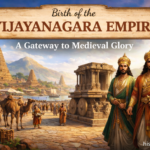 An illustration showing the birth of the Vijayanagara Empire in 1336, with Harihara I and Bukka Raya I standing before the capital city of Hampi, featuring the Virupaksha Temple, bustling markets, and trade routes along the Tungabhadra River.