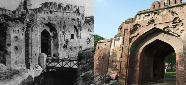 Red Fort of Delhi suffered heavy damage during the Revolt of 1857 | Kashmiri Gate in 1858 and now | Source: Wikipedia | Historyfinder.in